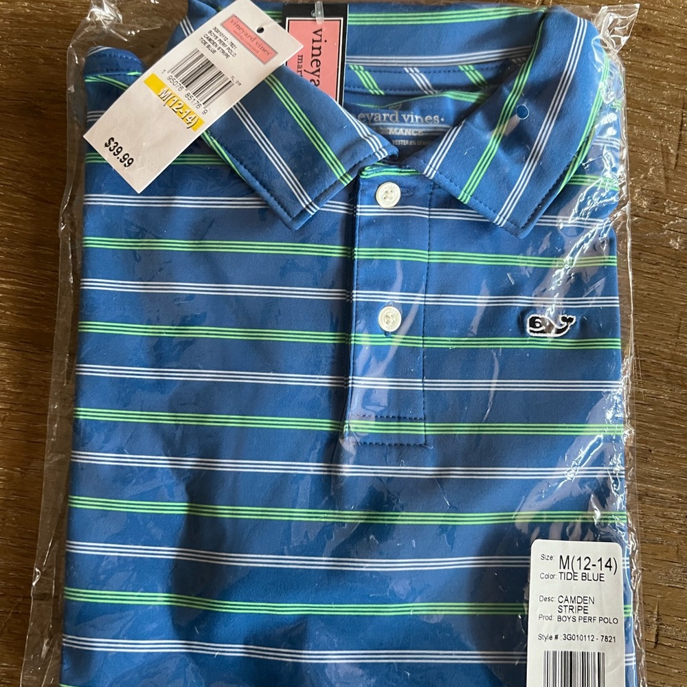 Vineyard Vines Camden stripe Tide Blue performance Polo. Sz M (12-14) NWT